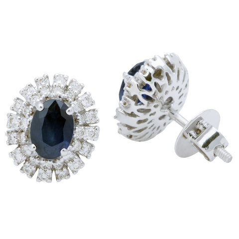 Oval Dark Blue Sapphire Diamond Earrings